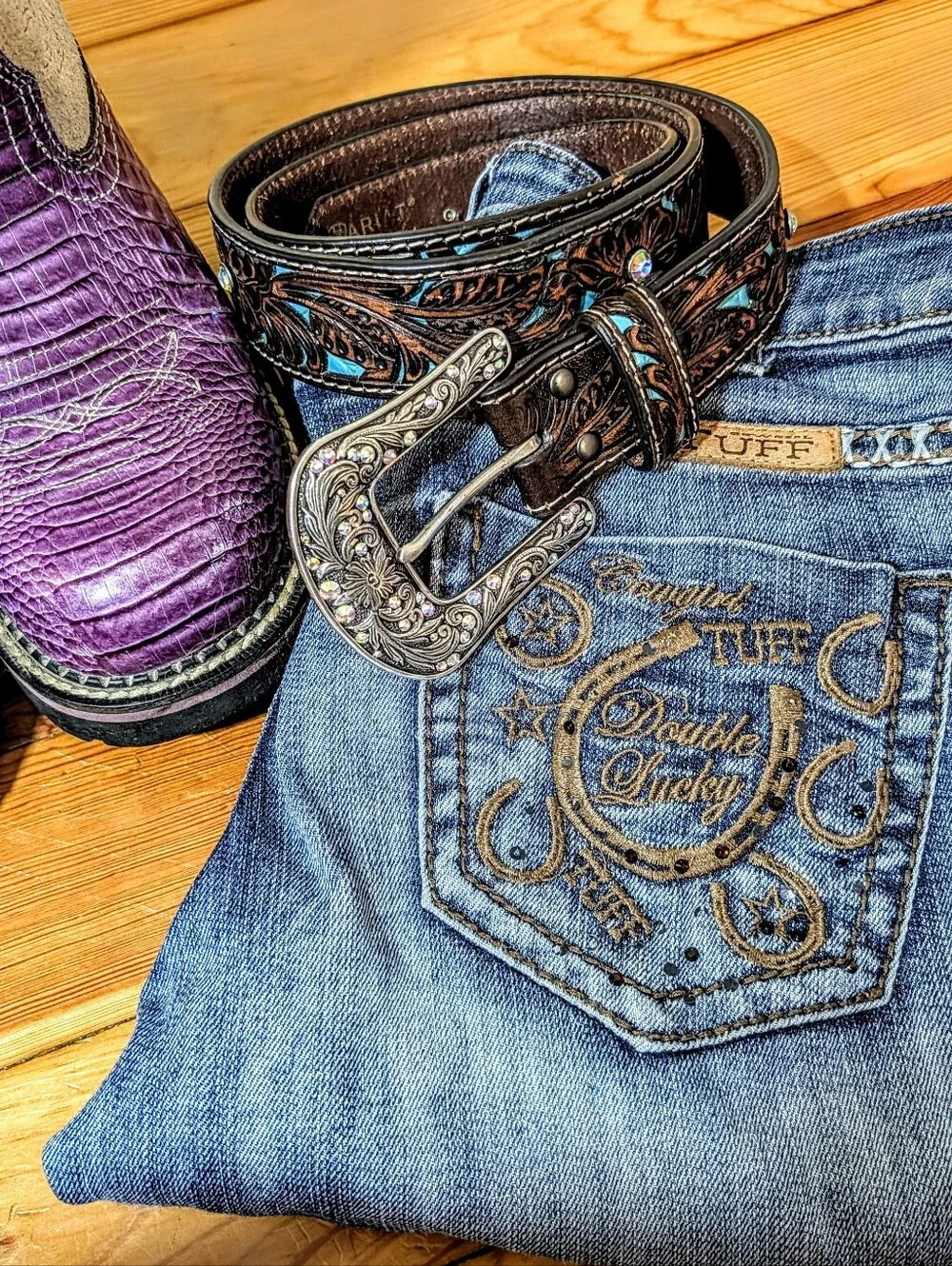 Ariat Jocelyn Genuine Tooled Brown and Turquoise Leather Belt With Bling Buckle